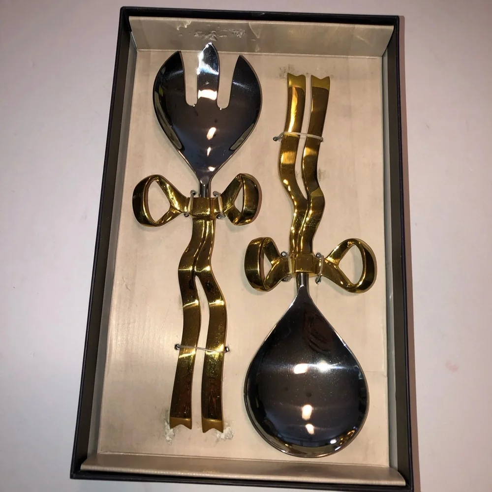 New Anthropologie Home Decor Benedita Stainless Steel Gold Bow Serve Set